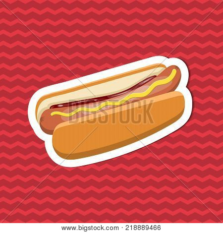 Sticker of hot dog with mustard and ketchup on red striped background. Graphic design elements for menu, poster, brochure. Vector illustration of fast food for bistro, snackbar, cafe or restaurant