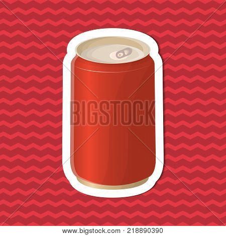 Sticker of soda in a tin can on red striped background. Graphic design elements for menu, poster, brochure. Vector illustration of fast food for bistro, snackbar, cafe or restaurant