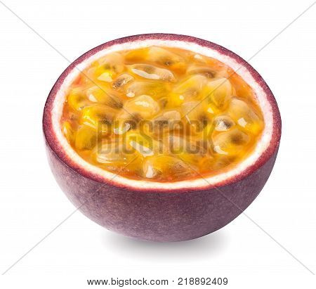 Isolated passion fruit - a half of passionfruit maracuya isolated on white background. Clipping path included.