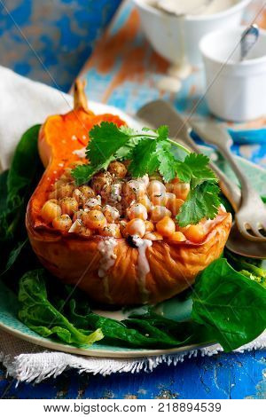 Butternut Squash with Chickpeas Tahini and Za'atar.selective focus