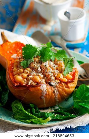 Butternut Squash with Chickpeas Tahini and Za'atar.selective focus