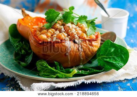 Butternut Squash with Chickpeas Tahini and Za'atar.selective focus
