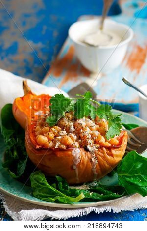 Butternut Squash with Chickpeas Tahini and Za'atar.selective focus