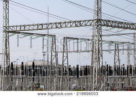 Wires insulatorsand electrical poles of power plant Sisak in Croatia