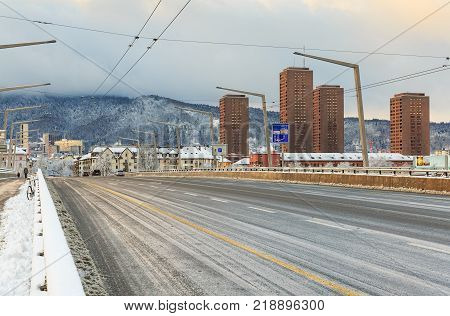Zurich, Switzerland - 1 February, 2015: view along Hardbrucke motorway bridge towards Uetliberg mountain on the wintertime morning. Zurich is the largest city in Switzerland and the capital of the Swiss canton of Zurich.