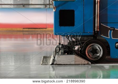 Special machine ice harvester cleaning the ice rink