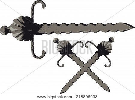 medieval wavy short sword flamberg with a doug decorated with shells and long protective beams