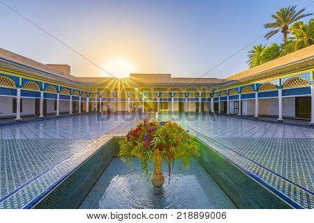 Bahia Palace Marrakech Morocco - November 09 2017: Courtyard at El Bahia Palace Marrakech Morocco