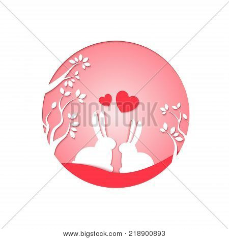 Paper art carve to couple rabbits onon the ground in the forest, origami concept and Valentine's day idea, vector art and illustration.