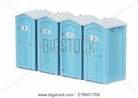 Row with four portable plastic toilets on white background, 3D illustration
