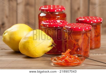 Homemade Quince Jam Preserve. Ripe Quince Fruits
