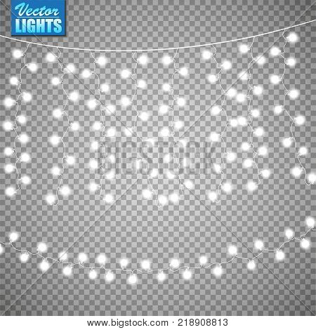 Christmas lights isolated on transparent background. Set of golden xmas glowing garland. Vector illustration. Eps10