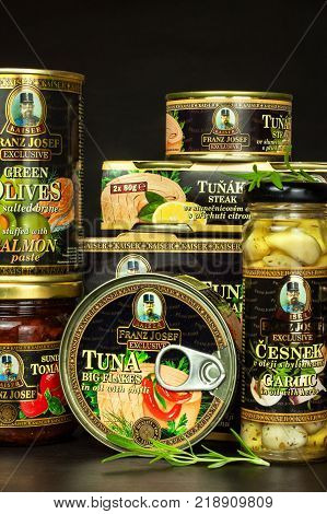 BRNO CZECH REPUBLIC - DECEMBER 16 2017: Kaiser Franz Josef Exclusive Canned Tuna With Chilli. Food for gourmets. Various types of delicacies of Kaiser Franz Josef Exclusive