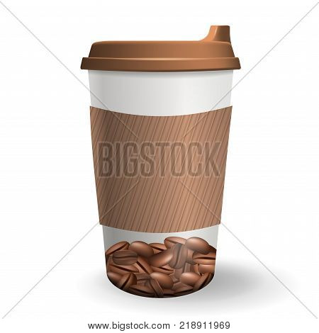To-go paper coffee cup with lid and ripple protective sleeve. Vector illustration. Realistic takeaway cup with coffee beans pattern isolated on the white background.