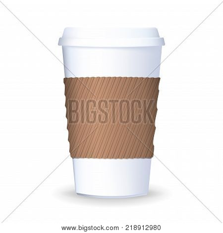 To go paper coffee cup with lid and protective ripple sleeve. Vector illustration. Realistic takeaway coffee cup isolated on the white background.