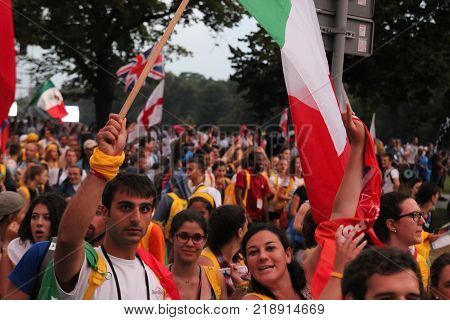 A crowd of people with flags.World Youth Day Krakow Poland 2016.