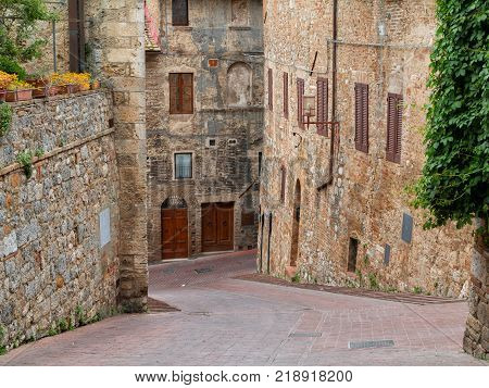 San Gimignano charming narrow streets medieval town in Tuscany Italy