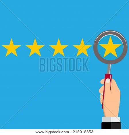 Hand with magnifier and five-star rating on a blue background