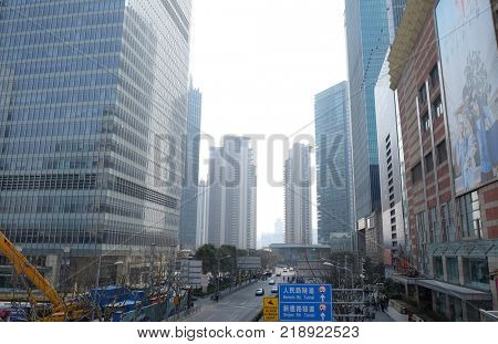 SHANGHAI - FEBRUARY 29: Lujiazui financial district skyscrapers buildings landscape in Shanghai,Shanghai Lujiazui is one of the most influential financial center of China, February 29, 2016.