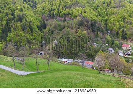 Typical mountain landscape and village in SloveniaEurope