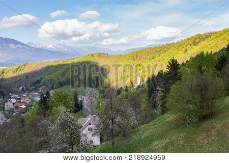 Typical mountain landscape and village in SloveniaEurope
