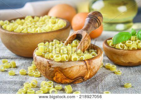 Ditalini macaroni. Pasta rings. Tubettini and thimbles Anellini