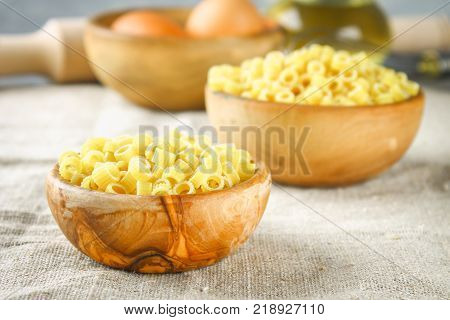 Ditalini macaroni. Pasta rings. Tubettini and thimbles Anellini