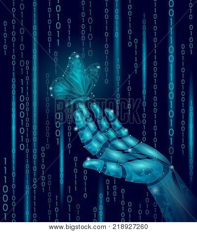 Butterfly on mechanical robot finger hand. Polygonal geometric innovation technology futurustic nature contrast concept. Binary code number android ecology vector illustration art