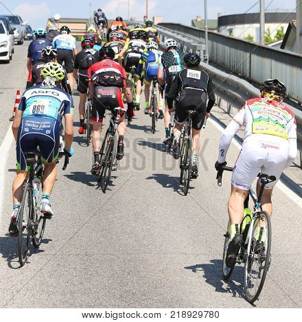 Vicenza, Italy - April 30, 2017: Cycling Race Called Gran Fondo Liotto With Cyclists On Bicycles