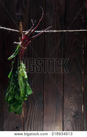 Fresh betroots hanging on string.Wooden background.Concept hanging herbs.free space
