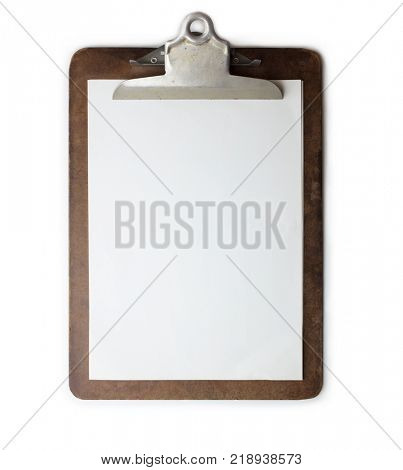 Old well used clipboard with new clean sheet of paper. Dark brown clipboard. Isolated on white. High resolution.