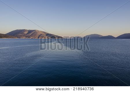 landscape the immensity of the Ionian sea and the mountains of the islands making the journey between the port of Sami Kefalonia and Pisaetos on the island of Ithaka Greece
