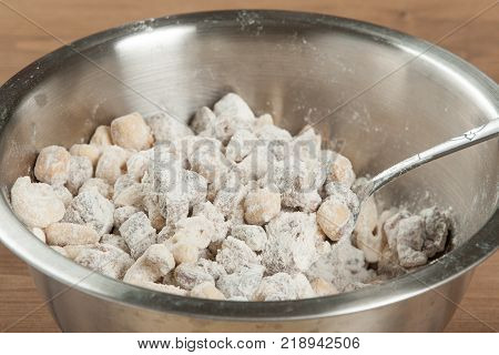 Nuts And Figs In Flour. Panforte Preparation, Cooking Process
