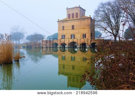 Ancient building from Po river lagoon. Po Delta wetlands landmark. Italian travel destination