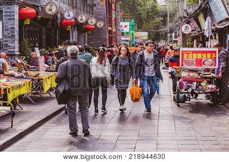 Chengdu China - October 29 2016: Crowdy market by Wenshu monastery in the city center.