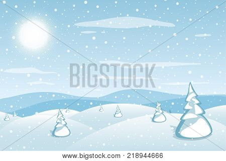 Winter landscape background. Blue mountains snowy hills and pines on foreground. Frosty snowy day. Christmas and New Year wallpaper. Vector illustration