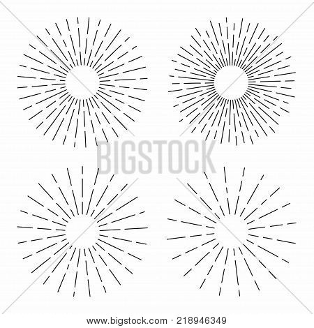Set of vintage sunburst in lines shape linear radial burst. Retro sun for hipster culture. Vector