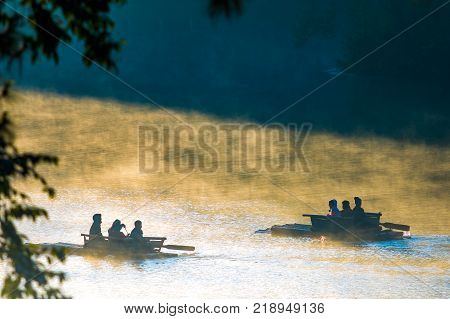 MAEHONGSORN THAILAND - JAN242017 : tourist bamboo rafting in pang ung reservoir lake pang ung most popular winter traveling destination in northern of thailand
