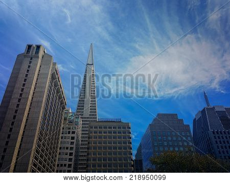 Downtown San Francisco Skyscrapers, with Dramatic Sky Background
