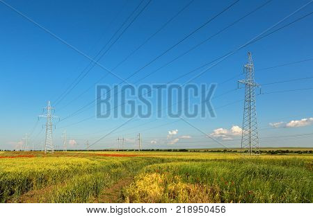 High-voltage power lines in the fields of the Crimea