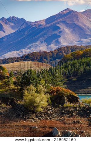 View Of The Scenic Aoos Artificial Lake Shore In Epirus, Greece
