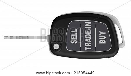 SELL, TRADE-IN, BUY - inscription on the ignition key of the car. Ignition key of the car in the open position with the inscription SELL TRADE-IN BUY on the buttons. Isolated. 3D Illustration