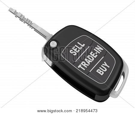 SELL, TRADE-IN, BUY - inscription on the ignition key of the car. Ignition key of the car in the open position with the inscription SELL TRADE-IN BUY on the buttons. Isolated. 3D Illustration