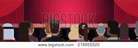 People Sitting At Theater Or In Cinema Looking At Stage With Red Curtains Waiting For Performance Start Back Rear View Horizontal Banner Flat Vector Illustration
