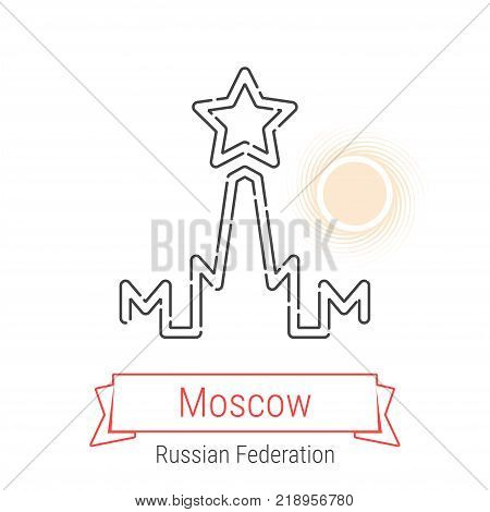 Moscow, Russia Vector Line Icon with Red Ribbon Isolated on White. Moscow Landmark - Emblem - Print - Label - Symbol. Kremlin and Red Square Pictogram. World Cities Collection.