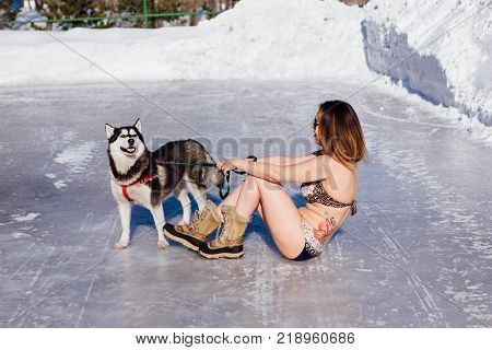 Novokuznetsk, Kemerovo region, Russia - 23 Feb, 2017 : White beaches of Siberia is an enterteiment activity where people playing beach games dressed in bikini in winter. Women in bikini with husky