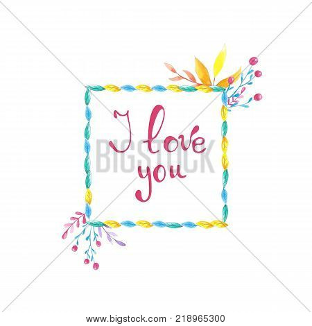 Watercolor square frame with leaf on white background. EPS10