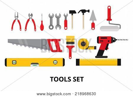 Set isolated icons set building tools repair. Include drill, hammer, screwdriver, saw, file, putty knife, ruler, roller, brush. Kit flat style. Vector illustration