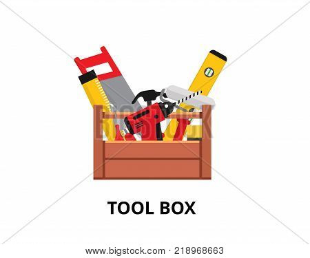 Set isolated icons set building tools repair. Include drill, hammer, screwdriver, saw, file, putty knife, ruler, roller, brush. Kit flat style. Tool box. Vector illustration