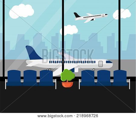 Airport waiting room or departure lounge with chairs and plant. Terminal hall airfield view on airplanes. Airport horizontal banner. Business travel concept.  Flat style vector Illustration.